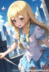 ai_generated blonde_hair clothing_damage crying crying_with_eyes_open cuts cuts_on_arms cuts_on_chest defeated defeated_heroine injured injury lillie_(pokemon) lv99slime magical_girl magical_girl_outfit magical_girl_wand pokemon torn_clothes