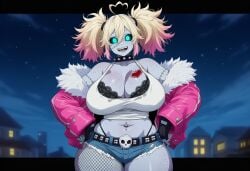 ai_generated black_sclera blonde_hair boobs breasts chubby cleavage clothed cyan_eyes female freckles girl glowing_eyes gradient_hair grey_skin h3nt_ai navel_piercing novelai oc original_character pigtails pink_hair plump sharp_teeth stitches tagme tattoo tits zoey_(h3nt_ai) zoey_the_zombie zombie