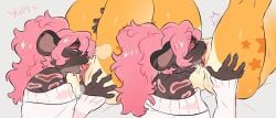 anthro big_clitoris brown_body clitoral_sucking clitoris closed_eyes clothing cunnilingus duo female female/female genitals hair kandoka legs_up mammal oral orange_body pink_body pink_hair pussy sex simple_background sweater thick_thighs tongue tongue_out topwear vaginal_penetration white_background