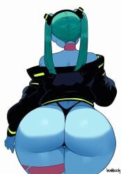 1girls ai_assisted ai_generated artist_name ass ass_focus back black_panties cyberpunk:_edgerunners cyberpunk_2077 female from_behind highres honkibooty huge_ass jacket long_hair long_sleeves no_pants open_clothes open_jacket panties rebecca_(edgerunners) shiny_skin solo tattoo thick_thighs thighs thong twintails underwear white_background wide_hips