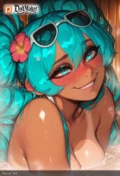 2girls ai_generated aqua_eyes aqua_hair artist_name blush breasts dollmaker dollmaker_(artist) eyewear_on_head female flower goggles goggles_on_head hair_flower hair_ornament hatsune_miku long_hair multicolored_hair multiple_girls nude patreon_logo patreon_username smile sunglasses tagme tan tanlines twintails water watermark web_address wet