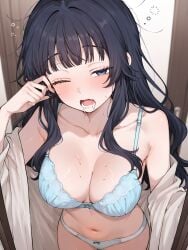 ai_generated bangs bedroom black_hair blue_eyes blue_underwear blush bra cleavage dazed detailed drool female flushed full_body hairclip half-closed_eyes indoors kaoru_hana_wa_rin_to_saku kaoruko_waguri lace_bra lace_panties large_breasts lingerie long_hair looking_at_viewer matching_underwear messy_hair open_mouth panties reapz_y seductive shirt_off_shoulder sleepy slipping_clothes solo standing sweat unbuttoned_shirt underboob wet_skin white_shirt