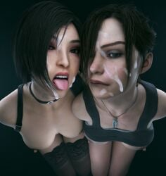 2girls 3d 4k ada_wong ada_wong_(adriana) big_breasts big_nipples black_hair breasts breasts_out brown_hair capcom claire_redfield cum cum_on_face curvaceous curvy curvy_figure docni female hi_res highres legs light-skinned_female light_skin nipples resident_evil resident_evil_2 resident_evil_2_remake thick_thighs thighs tonge_out voluptuous