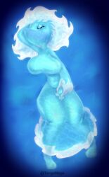 belly breasts clothing deltarune elemental_creature female hi_res looking_at_viewer lying miss_mizzle mizzle_(deltarune) mouthless on_back presenting solo tenge_mage thick_thighs translucent translucent_clothing undertale_(series) water water_creature