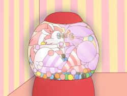 ass balls big_butt candy clothing cramped cuddling dessert duo eeveelution espeon eyewear feral food footwear generation_2_pokemon generation_6_pokemon genitals glasses gumball_machine hi_res legwear nanabsylve nintendo overweight pattern_clothing pokemon pokemon_(species) socks striped_clothing stripes sylveon thigh_highs whiskers