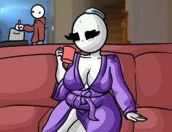 bald bald_female black_eyes breasts chetoh chubby chubby_female claire_(chetoh) cleavage cooking couch egg eggmale female female_focus hoodie ice_pack looking_at_other mug oc original original_characters purple_robe red_hoodie robe robe_only sick sitting sweat sweating white_body