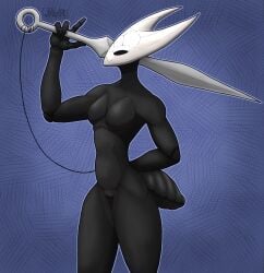 2025 2_horns 4_fingers anthro arthropod arthropod_abdomen black_body black_eyes breasts female fingers hi_res holding_melee_weapon holding_object holding_weapon hollow_knight horn hornet_(hollow_knight) jodelr melee_weapon nude pussy solo team_cherry thread weapon white_head