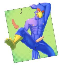 2019 3_toes absurd_res anthro avian balls bird blue_balls claws digital_media_(artwork) erection falco_lombardi feathers feet genitals green_eyes hi_res humanoid_genitalia humanoid_penis jrjresq licking licking_lips licking_own_lips looking_at_viewer male muscular muscular_anthro muscular_male nintendo nipples nude open_mouth penis self_lick simple_background smile solo star_fox toe_claws toes tongue tongue_out