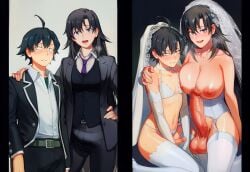 1boy 1futa ai_generated aigatari before_and_after black_hair blush couple femboy futa_on_femboy futa_on_male futanari heavy_breathing hikigaya_hachiman hiratsuka_shizuka huge_balls huge_breasts huge_cock male_bottom my_teen_romantic_comedy_snafu sweat teacher wedding_dress