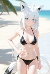 1girls ahoge ai_generated beach belly belly_button bikini black_bikini blue_eyes blush cameltoe fox_ears fox_girl fox_tail hand_on_hip hololive large_breasts navel shirakami_fubuki smile thighs virtual_youtuber white_hair