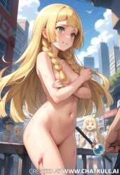 ai_generated blonde_hair breasts breasts covering_breasts crying crying_with_eyes_open defeated defeated_heroine hair_covering_breasts injured injury lillie_(pokemon) lv99slime magical_girl magical_girl_wand medium_breasts naked naked_female naked_outside nipples nude nude_female pokemon public_nudity pussy