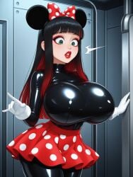 1female 1girls ai_generated big_breasts black_hair bodysuit bow breasts breasts_bigger_than_head disney eyelashes eyeshadow female female_focus female_only gloves green_eyes huge_breasts latex latex_bodysuit latex_suit lips lipstick minnie_mouse_(cosplay) mouse_ears original_character red_eyeshadow red_highlights red_lipstick skirt tits_bigger_than_head
