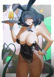 :q alcohol alternate_costume animal_ear_hairband animal_ear_piercing animal_ears artist_logo bare_shoulders black_bow black_bowtie black_hair black_hairband black_leotard border bow bowtie breasts champagne champagne_flute cowboy_shot cup detached_collar drinking_glass fake_animal_ears female fingernails fishnet_pantyhose fishnets glint green_eyes hairband hand_on_own_hip highleg highleg_leotard highres holding holding_tray hymin hymin_art jane_doe_(zenless_zone_zero) large_breasts leotard logo long_fingernails long_hair long_tail looking_at_viewer mouse_ears mouse_girl mouse_tail one_eye_closed outside_border pantyhose playboy_bunny rabbit_ear_hairband rabbit_ears red_hair sharp_tail solo standing strapless strapless_leotard tail thigh_gap tongue tongue_out tray very_long_hair white_border white_wrist_cuffs wrist_cuffs zenless_zone_zero zoom_layer