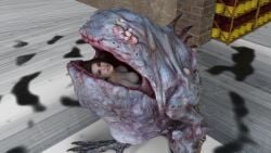 16:9 3d_(artwork) 4k absurd_res breasts brown_hair capcom digital_media_(artwork) dragonslave90 duo female female_prey feral feral_pred hair hi_res human human_prey jill_valentine mammal monster monster_pred nipples open_mouth oral_vore resident_evil vore widescreen