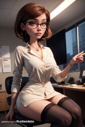 1girls ai_generated artist_name black-framed_eyewear black_thighhighs bracelet breasts brown_eyes brown_hair chair cleavage collared_shirt desk disney dress_shirt earrings elastigirl glasses helen_parr hi_res hoop_earrings indoors jewelry keyboard_\\\\(computer\\\\) lips looking_at_viewer medium_breasts miniskirt monitor necklace office office_chair office_lady parted_lips patreon_username pencil_skirt pixar progenarts shirt short_hair sitting skirt solo superhero superheroine swept_bangs swivel_chair the_incredibles the_incredibles_2 thighhighs thighs web_address white_shirt window