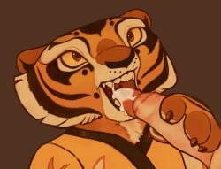 anthro bodily_fluids brown_background cheek_tuft claws clothing cum cum_drip cum_dripping_from_mouth cum_in_mouth cum_inside cum_on_tongue dreamworks dripping duo ejaculation facial_tuft felid fellatio female female/female foreskin fur genital_fluids genitals hand_on_penis happy happy_sex hi_res holding_penis kung_fu_panda lanolin04 looking_at_another looking_at_partner male mammal markings master_tigress mouth_shot open_mouth oral orange_eyes pantherine paws penile penis penis_in_mouth sex simple_background smile smiling_at_another smiling_at_partner striped_body striped_fur striped_markings stripes tongue tuft uncircumcised yellow_sclera