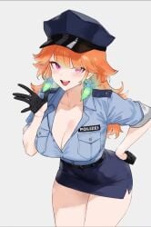 alternate_costume animated bluefield breasts commentary denkigishi earrings english_commentary feathers female german_text gloves half_gloves hat hololive hololive_english jewelry large_breasts live2d looking_at_viewer multicolored_hair orange_hair peaked_cap police police_hat police_uniform policewoman simple_background skirt solo tagme takanashi_kiara thighs video virtual_youtuber