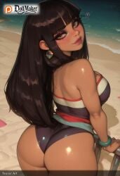 ? ai_generated ass bangs beach black_hair blunt_bangs blush bracelet breasts brown_eyes dark-skinned_female dark_skin day dollmaker dollmaker_(artist) earrings female from_behind jewelry lips long_hair looking_at_viewer looking_back ocean one-piece_swimsuit outdoors patreon_logo patreon_username sand smile solo swimsuit tagme watermark web_address wristband