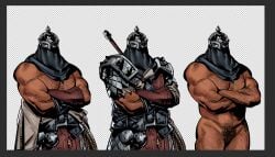 1boy 2025 armor armored_male bara body_hair bounty_hunter_(darkest_dungeon) brown_skin cel_shading clothed cowl crossed_arms darkest_dungeon forearms francishsie fully_clothed gauntlets gay helmet male male_only masked masked_male musclegut muscles muscular muscular_male nude pubic_hair renpy scar shirtless shirtless_male solo solo_male spiked_armor sprite standing trans_man unseen_male_face vagina