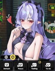 ! 1girls absurdres armpit_crease ascot black_bow black_bowtie black_collar black_nails blush bow bowtie breasts brick_wall closed_mouth collar commentary_request covering_nipples covering_privates eous_(zenless_zone_zero) female fingernails hairbow hand_up highres indoors large_breasts long_hair looking_at_viewer multicolored_hair nail_polish purple_ascot purple_bow purple_bowtie purple_hair red_eyes sidelocks smile solo streaked_hair sweat taboo_(selfmadeappler) very_long_hair vivian_banshee zenless_zone_zero