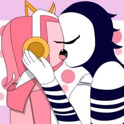 animal_ears breasts breasts_out cartoonish cartoonish_(incredibox_mod) closed_eyes fangs female_only french_kiss hand_on_head headphones incredibox incredibox_mod mask penny_(cartoonish) screen_face shirt_up tv tv_head tvgaming