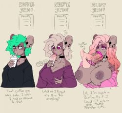 anthro beverage big_breasts bimbo_anthro bimbofication bimbofied black_clothing black_sweater black_topwear blue_eyes breast_expansion breasts brown_body brown_fur clothing english_text expansion exposed_breasts eye_color_transformation eyeshadow female fur genitals green_eyes green_hair hair hair_color_change hi_res huge_breasts hypnotic_eyes lips lipstick makeup male male/female mammal murid murine nipple_piercing nipples penis piercing pink_eyeshadow pink_hair pink_lipstick rat rodent scarfyace simple_background sipping solo_focus sweater tan_background text thick_lips topwear trish_(scarfyace)