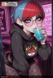 ai_generated bangs blue_hair blush cup dollmaker dollmaker_(artist) drinking english_text fishnet_legwear fishnets freckles glasses hood hood_down hoodie looking_at_viewer otoko_no_ko pantyhose patreon_logo patreon_username red_hair solo tagme twitter_logo watermark