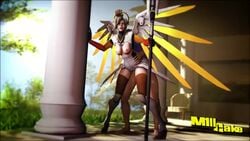 1boy 1girls 3d animated boobs breasts exposed_breasts exposed_pussy from_behind hand_on_waist head_grab m1llcake male/female mercy nipples no_sound overwatch penetration pussy thighhighs tits video