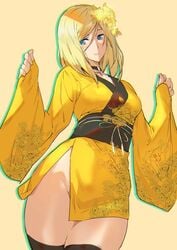 1girls ashiomi_masato blonde_hair blue_eyes choker groin guilty_gear kimono millia_rage no_panties short_kimono side_slit smile solo stockings thick_thighs thighhighs wide_hips