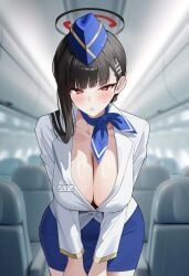 1girls absurdres airplane_interior alternate_costume alternate_hairstyle black_hair black_halo blue_archive blue_ribbon blue_skirt blunt_bangs blurry blurry_background blush breasts character_name choker cleavage cowboy_shot employee_uniform english_commentary female flight_attendant flight_attendant_hat gamtoryy garrison_cap hair_behind_ear hair_ornament hairclip halo hands_on_own_thighs hat highres jacket large_breasts leaning_forward long_hair looking_at_viewer miniskirt multicolored_halo name_tag pencil_skirt red_eyes ribbon ribbon_choker ringed_eyes rio_(blue_archive) skirt solo sweatdrop travel_attendant two-tone_halo white_jacket