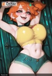 ai_generated arm_behind_head armpits blush breasts car car_interior denim denim_shorts dollmaker dollmaker_(artist) female green_eyes ground_vehicle kasumi_(pokemon) large_breasts motor_vehicle navel on_back open_mouth orange_hair patreon_logo patreon_username short_shorts shorts smile solo star_(symbol) star_hair_ornament symbol-shaped_pupils tagme tank_top thick_thighs watermark web_address yellow_shirt