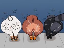 absurd_res ailurid anthro anus ass bodily_fluids boots boots_only butt_focus butt_shot claire_(lfswail) clothing cum cum_in_ass cum_inside cum_on_clothing eulipotyphlan female female/female footwear footwear_only genital_fluids group hedgehog hexecat hi_res lagomorph leporid mammal mostly_nude ollie_(lfswail) phobe_(lfswail) rabbit red_panda shoes shoes_only sneakers sneakers_only socks stuck through_wall trio vulva