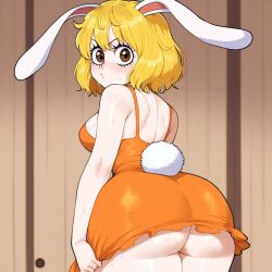 ai_generated ass behind_view blonde_hair bunny bunny_ears carrot_(one_piece) curvy cute female fur looking_at_viewer one_piece orange_dress thick thick_thighs white