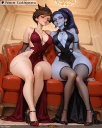 2girls ai_generated anklet areolae arm_around_waist backless_outfit bare_shoulders black_dress black_gloves black_hair blue_skin blush breasts brown_hair cleavage closed_eyes collarbone colored_skin couch cuckingmama dress earrings elbow_gloves female gloves halterneck high_heels hip_focus jewelry large_breasts leash lips long_hair looking_at_viewer medium_breasts multiple_girls necklace no_bra overwatch ponytail purple_hair purple_skin red_dress sex_toy shoes short_hair side_slit sitting sleeveless_dress smile tagme thighs tracer_(overwatch) wide_hips widowmaker_(overwatch) yellow_eyes yuri