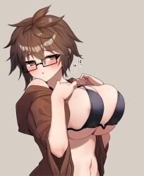 1girls areola_slip aussa_(yu-gi-oh!) aussa_the_earth_charmer bikini blush breasts brown_background brown_eyes brown_hair brown_robe commentary_request duel_monster glasses hair_between_eyes highres large_breasts navel robe shinatsukou short_hair simple_background solo sweat sweatdrop swimsuit yu-gi-oh!