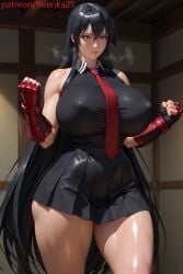 ai_generated akame_(akame_ga_kill!) akame_ga_kill! black_hair black_skirt fighting_stance huge_breasts necktie red_eyes red_tie