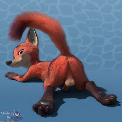 3_toes 3d_(artwork) 4_fingers absurd_res animal_genitalia anthro ass_up balls balls_from_back black_nose blender_(artwork) blue_background canid canine canine_genitalia countershading digital_media_(artwork) disney english_text eyebrows feet fennec_fox fingers fluffy fluffy_tail fox genitals gloves_(marking) green_eyes hi_res knot looking_at_viewer looking_back lying male mammal markings nick_wilde on_front pawpads penis pink_penis raised_tail rasterraccoon rear_view red_fox simple_background smile solo tail text toes true_fox watermark zootopia