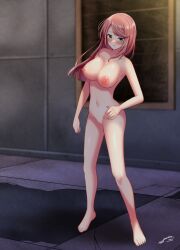 blush breasts commentary_request commission completely_nude female full_body green_eyes hand_on_own_hip highres large_breasts long_hair looking_at_viewer mio1030 navel nipples nose_blush nude open_mouth outdoors pink_hair pussy ragnarok_online rune_knight_(ragnarok_online) signature skeb_commission solo standing tile_floor tiles uncensored variant_set
