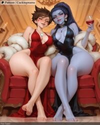 2girls ai_generated alcohol alternate_hairstyle armchair bangs bare_shoulders barefoot blue_dress blush bomber_jacket breasts brick_wall brown_eyes brown_hair casual chair choker cleavage closed_eyes collarbone colored_skin couch crossed_legs cuckingmama cup dress drinking_glass earrings elbow_gloves facepaint facial_mark feather_boa feet fur-trimmed_jacket fur_coat fur_collar fur_trim gloves holding holding_cup indoors jacket jewelry lips lipstick long_hair looking_at_viewer medium_breasts multiple_girls necklace official_alternate_costume open_mouth overwatch parted_lips pelvic_curtain purple_skin red_dress short_hair side_slit sitting sleeveless sleeveless_dress smile spiked_hair swept_bangs tagme tail tattoo teeth toes tracer_(overwatch) whisker_markings widowmaker_(overwatch) wine wine_glass yuri