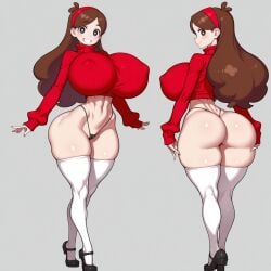 1girls ai_generated bimbo bottomless brown_hair covered_nipples cropped_sweater from_behind g-string gigantic_breasts gravity_falls hairband happy highleg huge_ass mabel_pines multiple_views otace platform_heels sweater thick_thighs thighhighs thong toned_female wide_hips