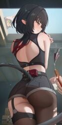 1girls 1other absurdres animal_ears ass back_cutout bare_shoulders black_garter_straps black_hair black_pantyhose black_shirt black_shorts black_thighhighs blush breasts closed_mouth clothing_cutout commentary_request condom condom_wrapper cosmetics crop_top eous_(zenless_zone_zero) female fingernails from_behind garter_straps gradient_hair green_eyes high-waist_shorts highres holding holding_lipstick_tube indoors jane_doe_(zenless_zone_zero) lipstick_tube looking_at_viewer looking_back mark_under_eye median_furrow mouse_ears mouse_girl mouse_tail multicolored_hair no_jacket pantyhose pov pov_hands red_hair sharp_tail shirt shorts single_garter_strap single_leg_pantyhose single_thighhigh smile solo_focus taboo_(selfmadeappler) tail thighhighs thighs torn_clothes torn_pantyhose zenless_zone_zero