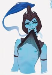 blue_body blue_eyes blue_hair breasts_out colored_skin flat_chest kalista league_of_legends looking_at_viewer mouth_hold nipple_piercing ovean parted_lips riot_games shirt_lift shirt_up small_breasts