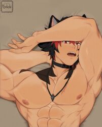 1boy abs animal_ears armpits artist_name bara black_hair choker collar, completely_nude ear_fluff fangs hair jewelry komano_manato large_pectorals looking_at_viewer lying male male_focus multicolored_hair muscular necklace nipples nude on_back open_mouth original pectorals red_eyes red_hair sharp_teeth shor_ solo teeth two-tone_hair upper_body wolf_boy yaotashi zenless_zone_zero