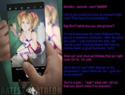 1girls 3d 3d_(artwork) batesz bathroom blonde_female blonde_hair blowjob brother_and_sister camera camera_hud camera_phone camera_pov camera_view caption caucasian_female caught caught_in_the_act cum cum_in_mouth female female filming glory_hole indoors juliet_starling lollipop_chainsaw looking_at_viewer phone phone_camera phone_hud phone_screen phone_view taking_picture toilet toilet_paper toilet_seat white_dick