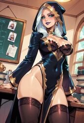 1girls ai_generated balsamique_(ai_artstyle) behind_the_dune big_breasts black_thigh_highs black_thighhighs black_thong bracelet breasts breasts_out civitai dark_dress dune female green_eyes highleg_thong hood hood_down jewelry large_ass large_breasts light-skinned_female light_skin lipstick long_hair long_sleeves makeup panviewai pelvic_curtain pinup reverend_mother reverend_mother_gaius side_slit thick thick_thighs thigh_highs thighhighs thong thong_bikini white_hair wide_hips