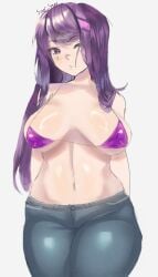 1girls breasts doki_doki_literature_club female long_hair navel pants purple_eyes purple_hair sour_yams yuri_(doki_doki_literature_club)