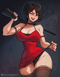 ada_wong bare_shoulders big_breasts black_hair black_thigh_highs black_thighhighs black_thong black_underwear blush blushing cleavage clothed clothed_female hourglass_figure large_breasts lipstick looking_at_viewer magaska19 patreon_username pulling_thong red_dress red_lipstick resident_evil rifle rifle_on_shoulder seductive seductive_eyes seductive_look seductive_mouth seductive_pose seductive_smile short_hair smile smiling thick_thighs thigh_highs thighhighs thighs wide_hips wink winking winking_at_viewer