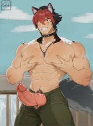 1boy abs animal_ear_fluff animal_ears animal_genitalia animal_penis bara bare_pectorals black_hair cowboy_shot dark-skinned_male dark_skin erection grabbing green_pants grin hair hair_between_eyes knot large_pectorals large_penis looking_at_viewer male male_focus male_pubic_hair multicolore_ muscular navel nipples open_fly original pants pectorals penis precum pubic_hair red_eyes red_hair scar short_hair smile solo stomach tail thick_thighs topless_male two-tone_hair uncensored veins veiny_penis wolf_ears wolf_tail yaotashi