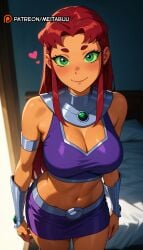 ai_generated armlet bare_shoulders bed bedroom blurry blush bracer breasts cleavage cleavage_cutout closed_mouth clothing_cutout colored_sclera colored_skin cowboy_shot crop_top dc dc_comics female gorget green_eyes green_sclera heart indoors large_breasts long_hair looking_at_viewer meitabuu metal_collar midriff miniskirt navel orange_skin patreon_logo patreon_username purple_skirt red_hair skirt sleeveless smile solo starfire stomach teen_titans thigh_strap thighlet thighs vambraces