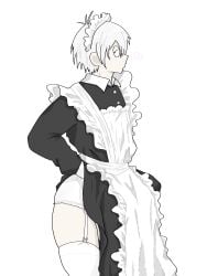 alternate_costume apron crossdressing dilf dress_lift femboy femboy_dilf garter_straps gegege_no_kitarou hair_over_one_eye kitarou_tanjou_gegege_no_nazo maid maid_headdress maid_uniform male male_only medama_oyaji_(human) pale-skinned_male pale_skin panties skirt_lift solo thick_thighs white_hair white_legwear white_panties white_thighhighs
